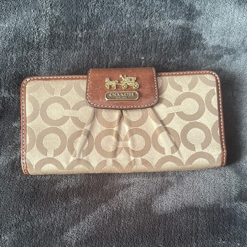 Coach Tan and Brown signature long Wallet gold hardware pink leather interior
